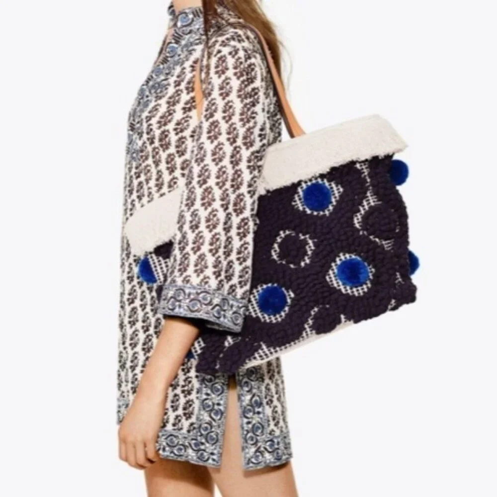 Tory Burch Womens Pom‎ Pom Fringe Canvas Large Woven Tote Bag Double Handle Navy